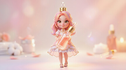 Fototapeta premium Cute doll with pink hair holding perfume bottle in soft pastel background for skincare product showcase