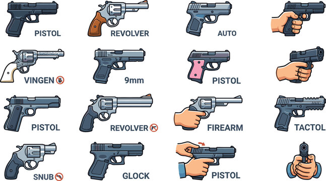 Handgun and Pistol Vector Icon Set Featuring Revolvers Firearms Glock Weapons and Hands Holding Guns for Tactical Defense Games and Security Designs