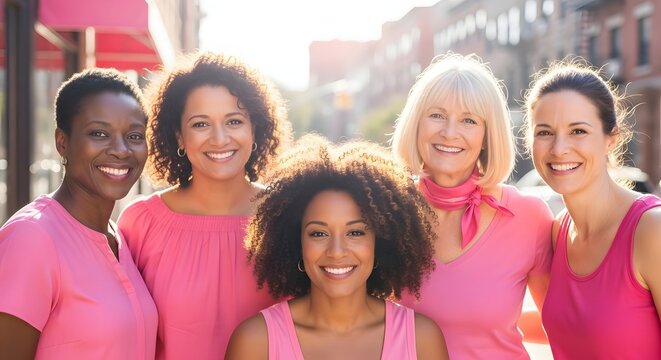 Diverse Group of Women Wearing Pink Shirts Standing Together Outdoors in a Bright Sunny Setting