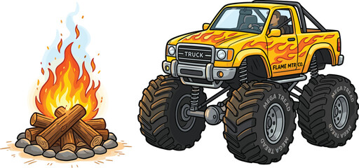 Yellow Monster Truck with Flame Decals Parked by a Blazing Campfire Vector Set for Offroad Adventure Graphics, Camping Clipart, and Kids Toy Designs © Nayem