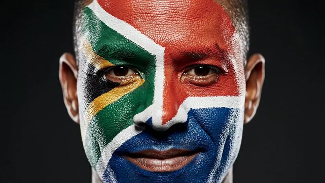 Bold Geometric Face Paint Representing The South African Flag, Celebrating Cultural Identity In A Studio Portrait