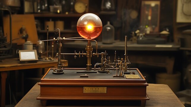 Steampunk laboratory device with glowing orange glass sphere on a wooden base