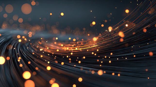 Swirling dark strands weave with luminous golden particles against a deep backdrop