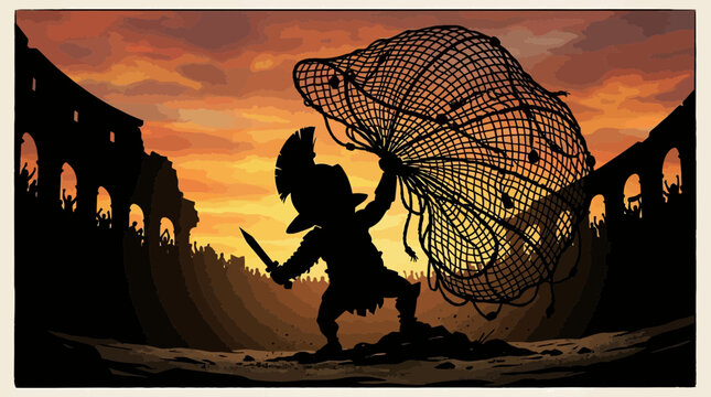 Silhouette of gladiator holding net.