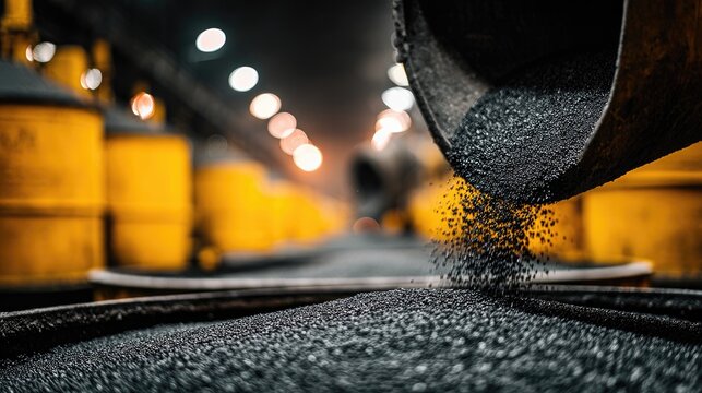 Dark granular material is poured from a chute onto a surface, industrial setting