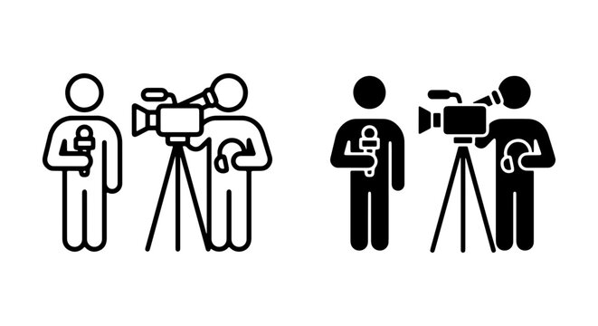 Journalist Icon Set, News Reporter Vector Graphics, Broadcast Camera Crew Symbols, Media Production Elements