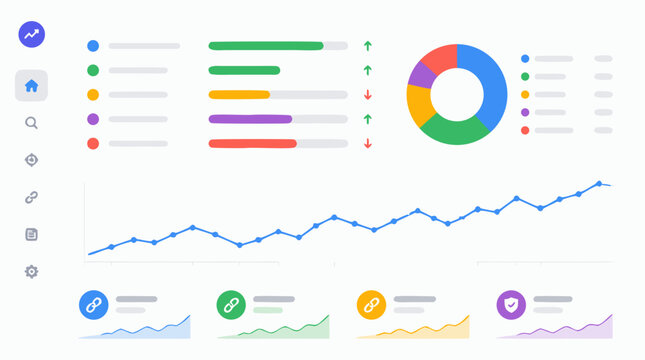 SEO performance dashboard vector mockup with keyword ranking bars, organic traffic trend line, backlink count tiles, donut analytics, clean web interface for digital marketing growth reports