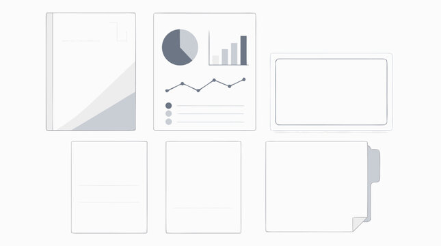 Elegant flat report builder icon set with cover page, analytics chart insert, summary panel, lined sheets and appendix tab, crisp vector components for proposals and business documentation