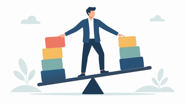 Faceless manager balancing colorful workload blocks on a tilting beam, visualizing capacity planning, resource allocation, prioritization, team productivity, project management and operational balance