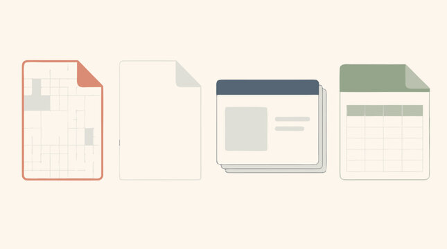 Clean flat report format icon set showing PDF document, printed page, slide deck and spreadsheet export, minimal vector templates for business files, data sharing and presentation workflows