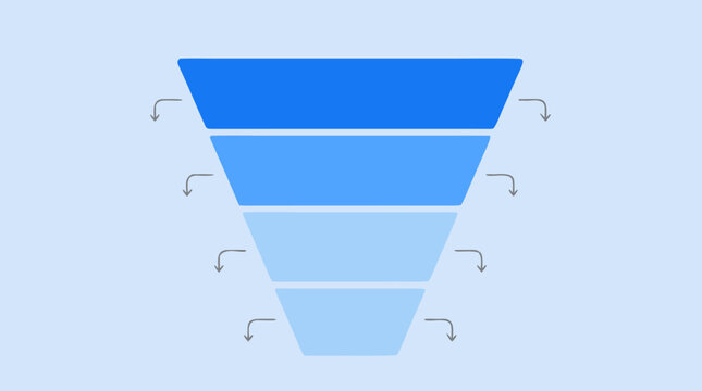 Blue four stage funnel infographic with narrowing tiers and side drop off arrows, clean conversion pipeline diagram template for sales analytics flat vector illustration with blank labels