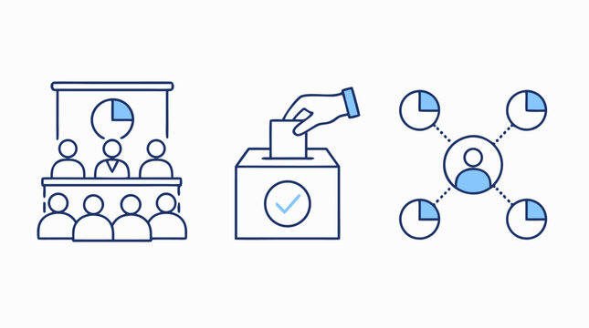 Shareholder meeting and corporate voting minimalist line icon set showing board presentation, ballot box, equity split pie charts and stakeholder distribution, editable stroke business vector