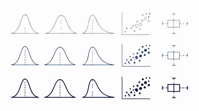 Statistical distribution outline icon set with bell curves, scatter clusters and box plot diagrams for analytics, probability, research reports and data science education in editable vector style