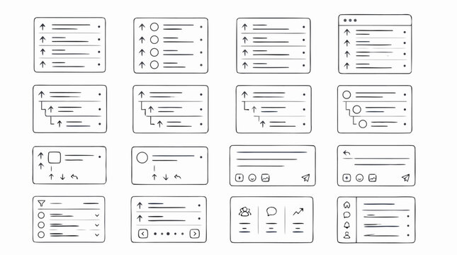 Community forum interface line icon set showing thread lists, upvote arrows, nested replies, comment cards, reactions, filters, profiles and discussion dashboards in clean editable vector stroke style