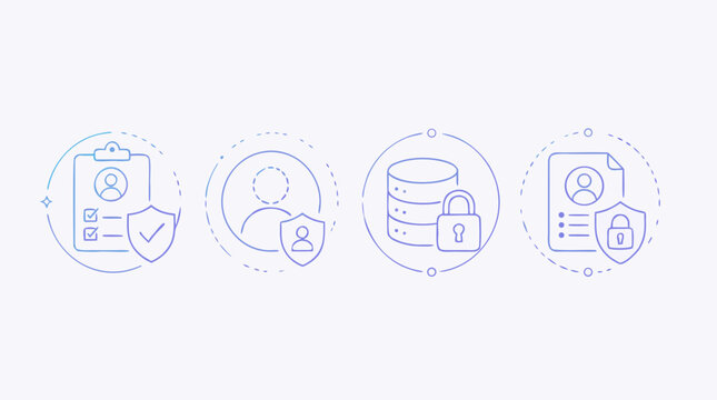 Data privacy and consent thin line icon set with protected profile, anonymized user, encrypted database, secure document and personal information safeguards in editable vector style for compliance