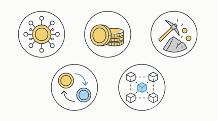 Fototapeta premium Cryptocurrency rounded line icon set with digital coin network, token stacks, mining pickaxe, exchange arrows and blockchain ledger nodes, editable stroke vector illustration for fintech