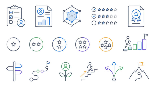 Skills assessment thin line icon collection with competency checklists, rating stars, certificates, growth paths, career steps and goal flags in editable stroke vector style for HR development