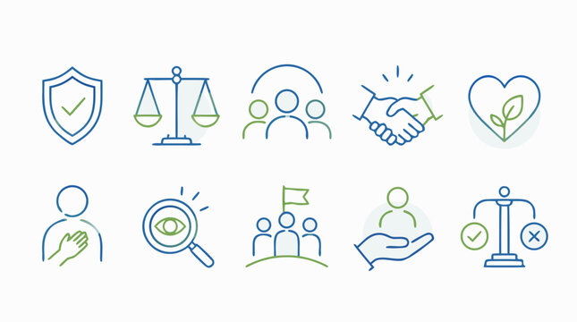 Company values thin line icon set with ethics shield, justice scales, teamwork, handshake trust, sustainability heart, integrity pledge and conduct symbols in editable stroke vector style