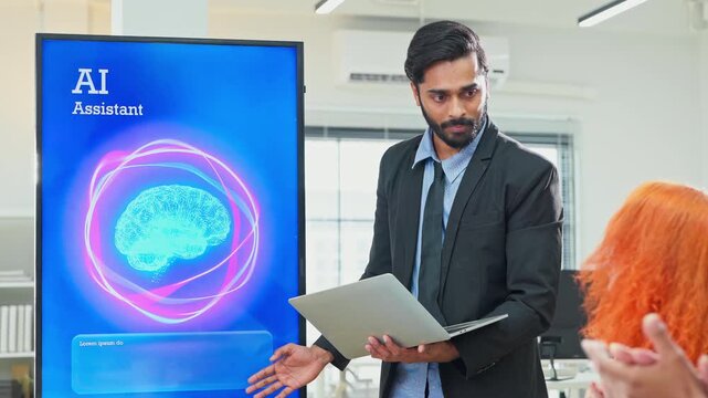 Diverse multiracial business team using AI bot to analyze restructuring strategy for profit growth in modern open office with screens and documents, corporate transformation planning concept