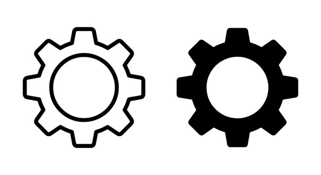 Two Gear Icons, Outline and Solid Black, Mechanical Engineering Symbols, Industry and Technology Concepts