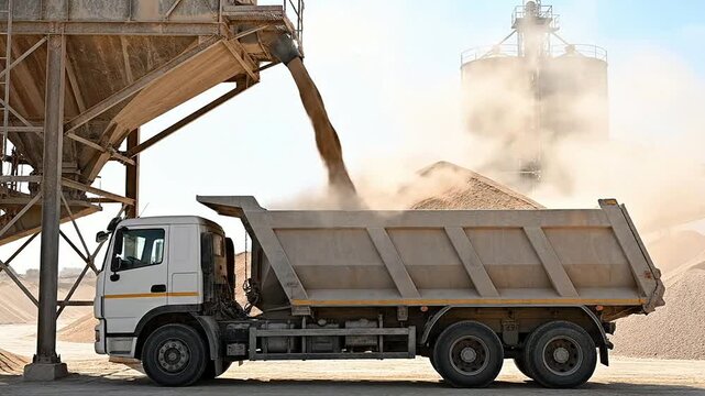 Bulk Cargo Truck Loading Sand At Construction Site With Industrial Background And Dust Clouds
