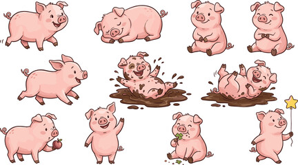 Cute Cartoon Pig Character Sticker Set Featuring Pink Piglets Playing in Mud, Sleeping, Eating Apple, and Holding Star Balloon for Kids Designs © Nayem