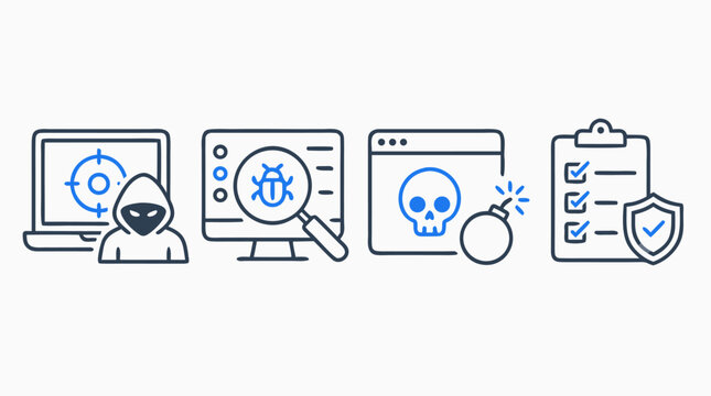 Penetration testing line icon set with ethical hacker, vulnerability scan, malware bug, exploit warning, skull threat, bomb attack, security audit checklist and shield in editable vector stroke
