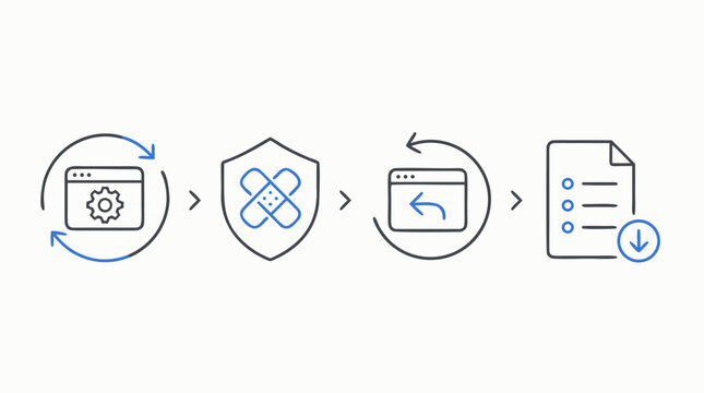 Software update lifecycle line icon sequence showing sync, security patch, rollback arrow and release notes download, editable stroke flat vector for DevOps, QA and product release workflows