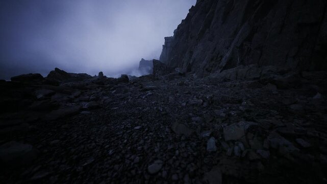 midnight coastal drama with fog, rugged cliffs and scattered boulders, reflective tidal water and muted blue palette, cinematic atmosphere for thriller