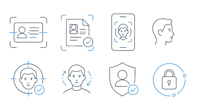 Identity verification and biometric authentication vector line icon collection showing ID scan, document check, selfie liveness, face matching, user shield and secure lock for KYC app workflows