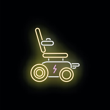 Electric power wheelchair symbolizing accessibility, mobility, and support in a neon glowing style
