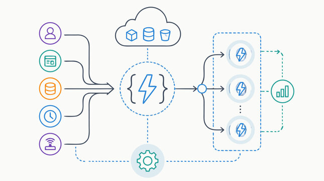Serverless computing architecture vector illustration with function triggers, cloud storage, event routing, auto scaling nodes and analytics flow, editable thin line diagram for modern infrastructure