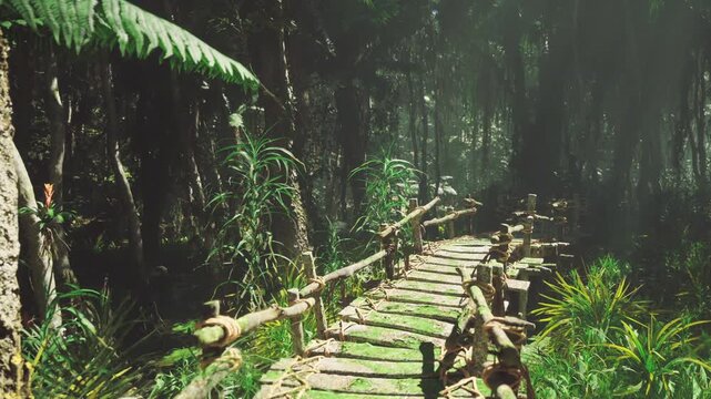 Mossy bamboo path under green canopy, rustic wooden bridge winding through dense jungle ferns, soft mist filtering sunbeams, damp moss covering railings