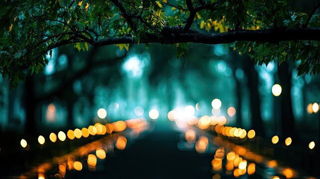 Rain-kissed path lined with glowing lights under a leafy canopy