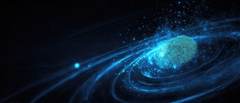 A textured, teal sphere is engulfed by swirling blue cosmic dust and light