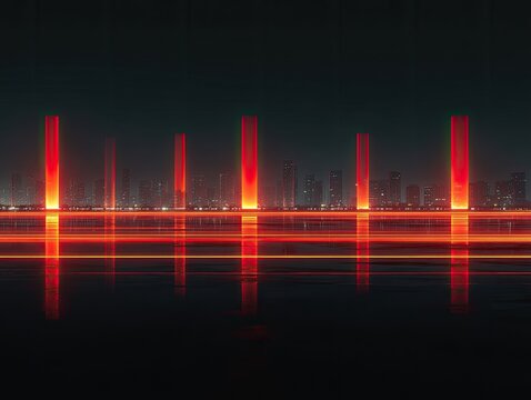Futuristic cityscape with glowing red pillars reflected on a dark surface