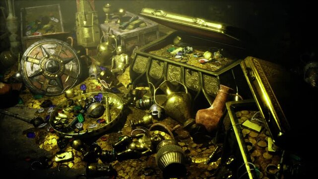 Scattered archaeological trove of artifacts under warm backlight, coins, necklaces and chalices intermingled with mosaic fragments, dust motes and textured