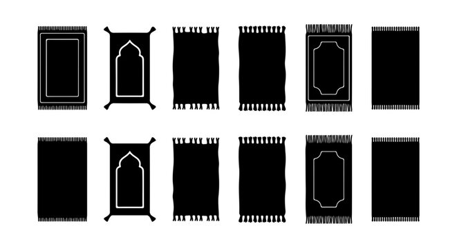 Islamic Prayer Rugs Collection, Vector Set of 12 Black Prayer Mats, Muslim Worship Carpets