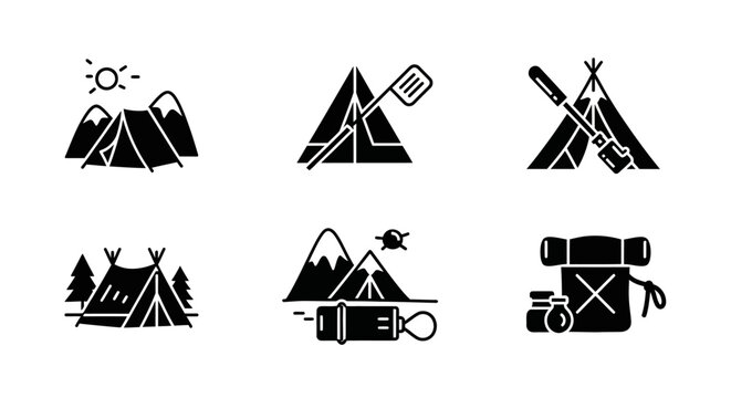 Camping Icons: Tents, Mountains, Backpack, Grill, Sleeping Bag, Nature Adventure