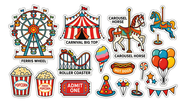 Carnival Fun Collection: A vibrant assortment of classic carnival attractions, including a Ferris wheel, roller coaster, carousel, and cotton candy, perfect for creating festive designs.