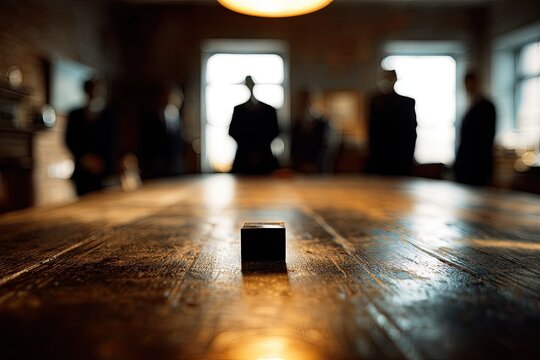 A small, dark cube sits alone on a large, distressed wooden table