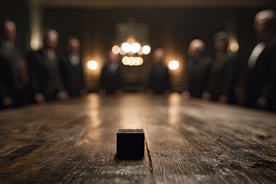 Men in suits gather around a dark, wooden table with a single dark cube