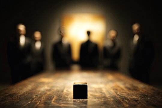 Dark silhouettes of men in suits around a dimly lit table with a cube