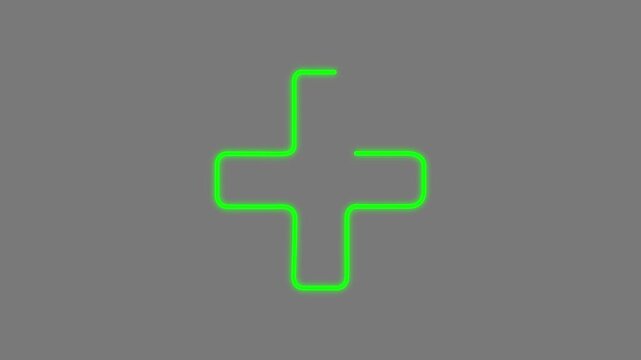 Neon green plus sign animation, medical healthcare symbol digital interface minimalist UI motion on grey background,4k video.