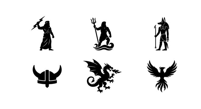 Mythological Creatures and Gods Vector Icons, Ancient Heroes and Legends Symbols