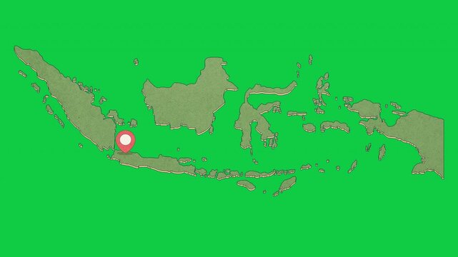 Animated Indonesia Map with Bouncing Location Marker on Jakarta City, Transparent Background, Alpha Channel, 4K resolution