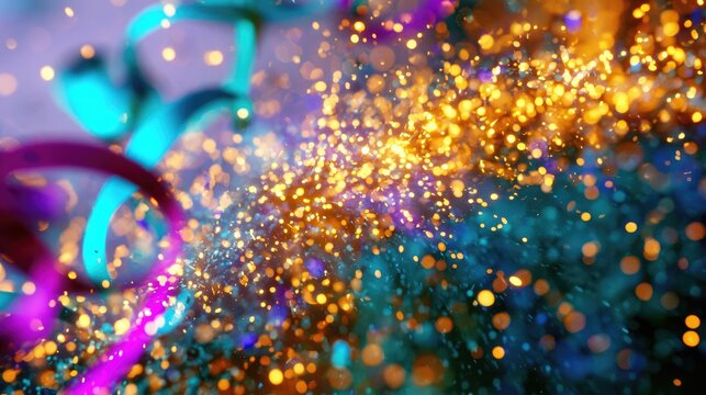 Glittering confetti and colorful ribbons swirling in a vibrant, celebratory burst