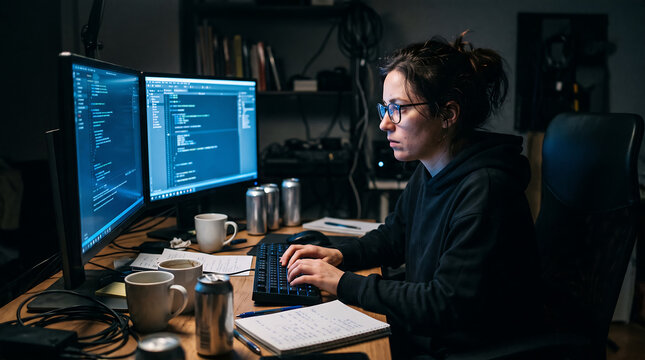 Woman programmer working late at night on computer with two monitors