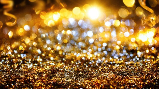 Glittering gold and silver sparkles with soft bokeh lights and ribbons