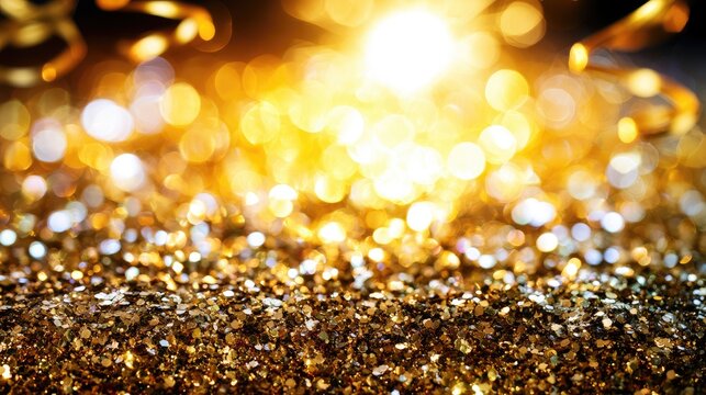 Blurry golden sparkles and streamers create a festive, celebratory bokeh effect